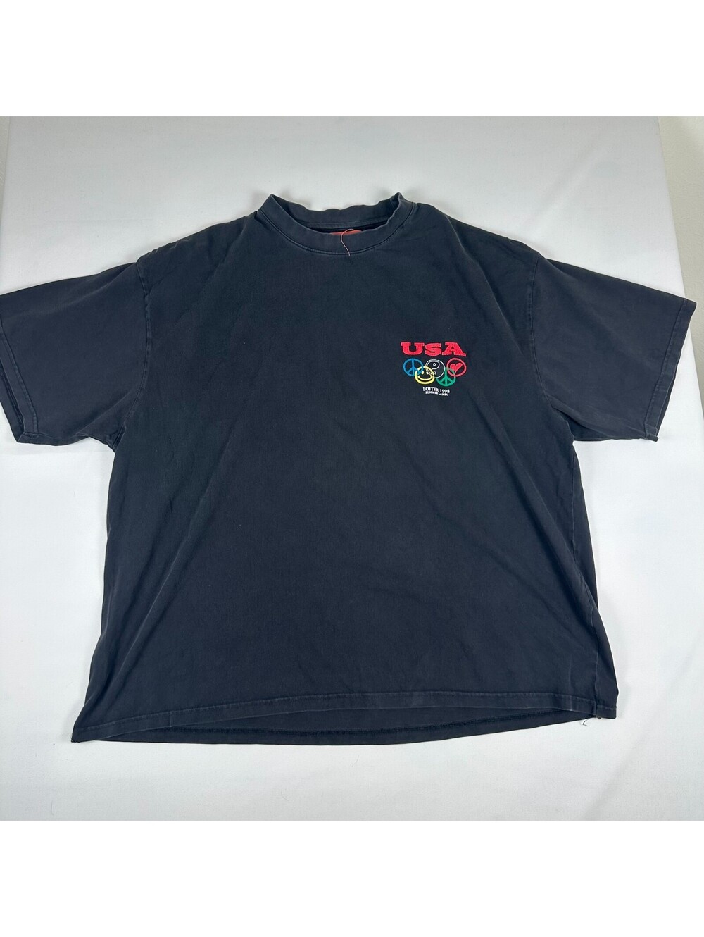 Loiter 1998 Summer Games Mens 3XL Black USA Peace Smiley Rings Graphic Tee
